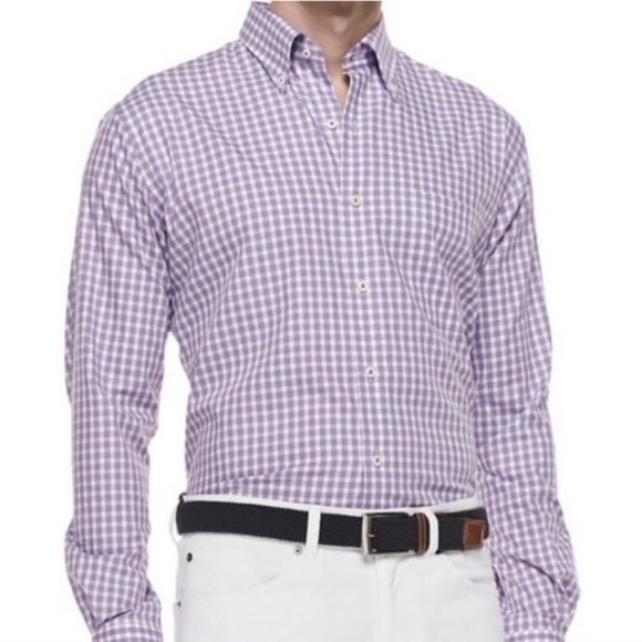 Peter Millar Mens Button Shirt sz Large Purple White Plaid Check - Picture 1 of 8